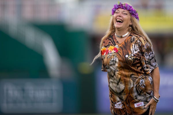 Carole Baskin reacts after throwing the first pitch of the Single-A MiLB game between the Jupiter Hammerheads and Fort Myers Might Mussels