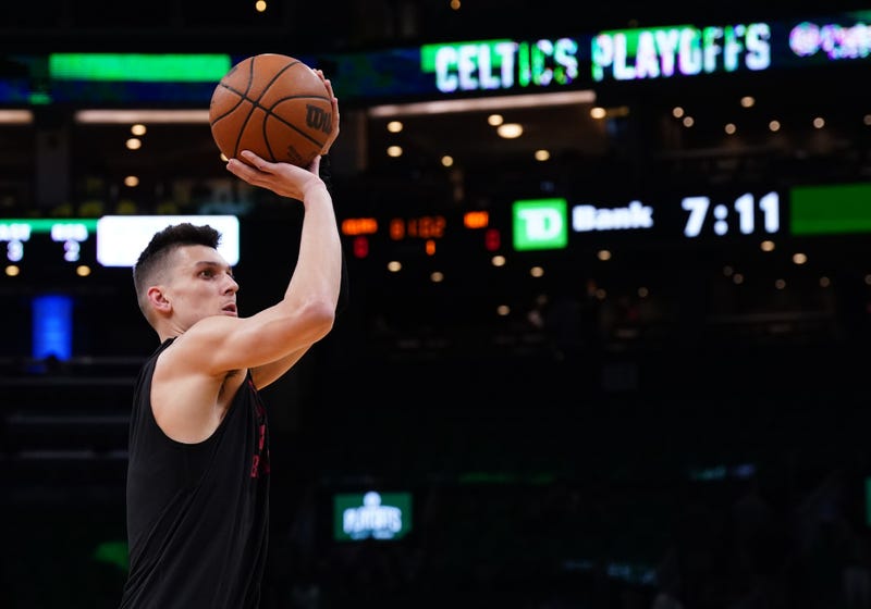 Tyler Herro warms up before game three of the 2022 eastern conference finals against the Boston Celtics
