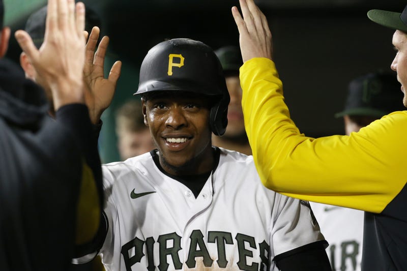 Ke'Bryan Hayes celebrating in dugout