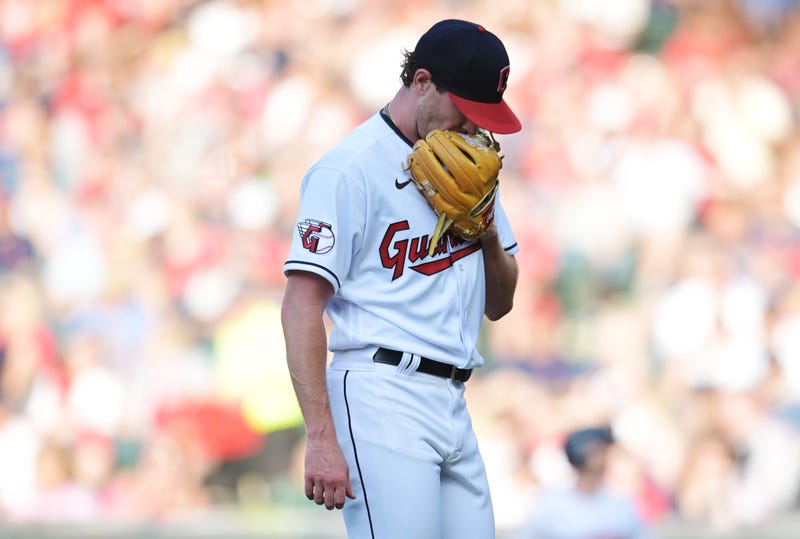 Cleveland Guardians starting pitcher Shane Bieber (57) walks off the field during the sixth inning after giving up three runs to the Boston Red Sox at Progressive Field.