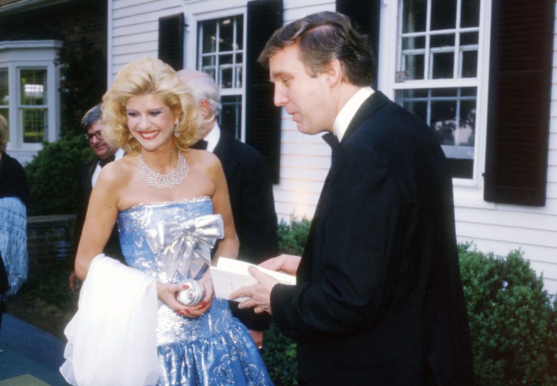Donald Trump and Ivana Trump arrive at a party celebrating the 70th year of Forbes Magazine at Malcolm S. Forbes' Far Hills, New Jersey, estate on May 29, 1987