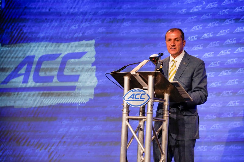 Jul 20, 2022; Charlotte, NC, USA; ACC commissioner Jim Phillips speaks to the media during ACC Media Days at the Westin Hotel in Charlotte. Mandatory Credit: Jim Dedmon-USA TODAY Sports
