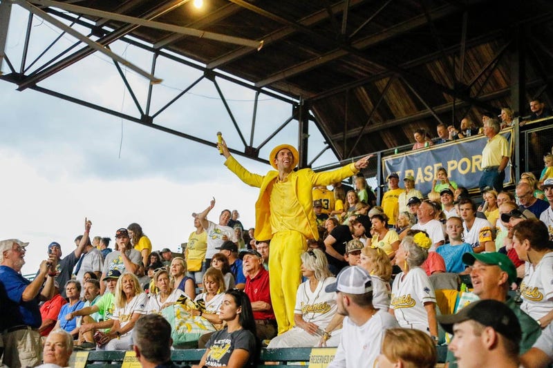 Savannah Bananas owner Jesse Cole keeps the crowd pumped up during a rain delay.