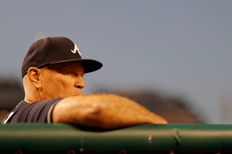 Sep 27, 2022; Washington, District of Columbia, USA; Atlanta Braves manager Brian Snitker (43) watches from the dugout against the Washington Nationals during the first inning at Nationals Park.