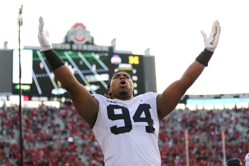 Nov 26, 2022; Columbus, Ohio, USA; Michigan Wolverines defensive lineman Kris Jenkins (94) celebrates as time winds down in the win against the Ohio State Buckeyes at Ohio Stadium.