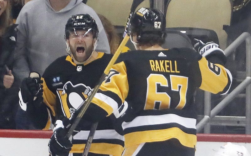 Bryan Rust excited after scoring with Rickard Rakell