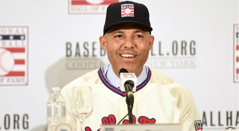 Mariano Rivera at a press conference after being unanimously inducted into the Hall of Fame
