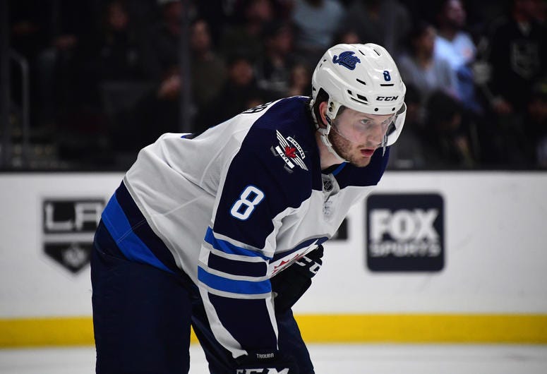Jacob Trouba reacts against the Los Angeles Kings in the second period at Staples Center.