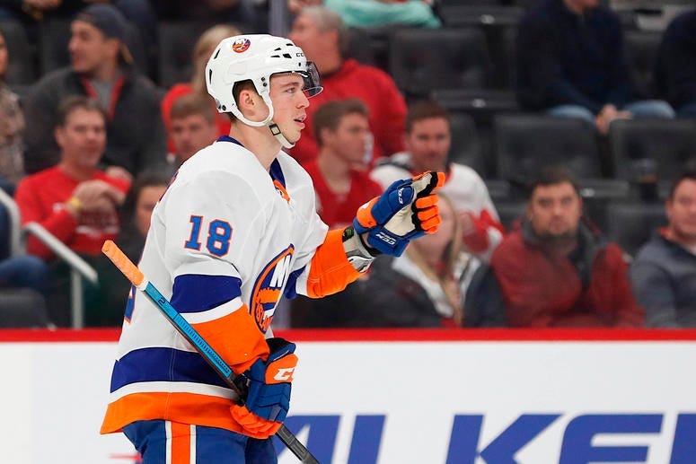 New York Islanders left wing Anthony Beauvillier (18) celebrates after scoring in the first period against the Detroit Red Wings on Dec 2, 2019 at Little Caesars Arena.