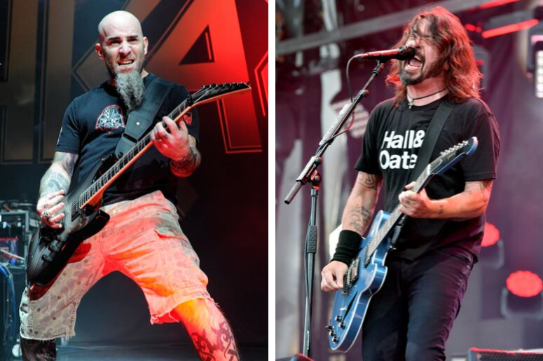 Scott Ian of Anthrax and Dave Grohl of Foo Fighters perform on -stage.