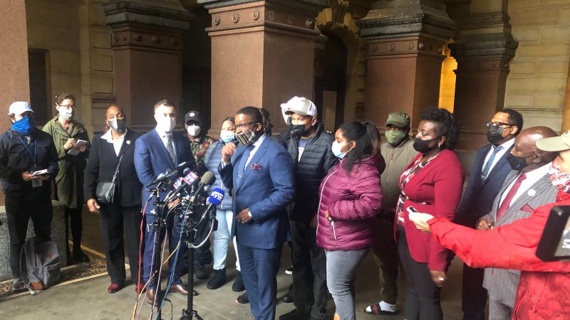Shaka Johnson, attorney for Walter Wallace Jr.'s family, at a press conference with the family.