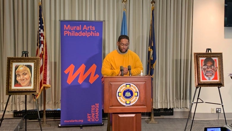 James “Yaya” Hough speaking at his exhibition that’s now on display at the Philadelphia District Attorney’s Office