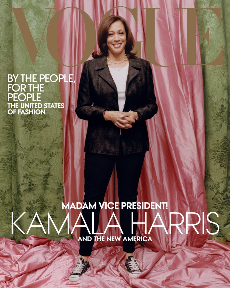Vice President–elect Kamala Harris wears a Donald Deal jacket and Converse sneakers on the cover of Vogue's February 2021 issue.