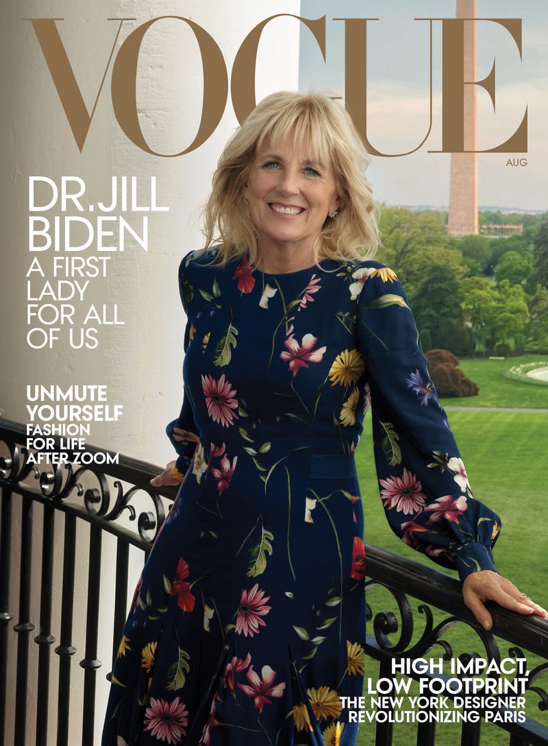 First lady Jill Biden on the cover of Vogue's August 2021 issue, on newsstands nationwide July 20, in a dress by Laura Kim and Fernando Garcia for Oscar de la Renta. Earrings by Tiffany & Co. Fashion Editor: Tonne Goodman, hair by Sally Hershberger and makeup by Francelle Daly.