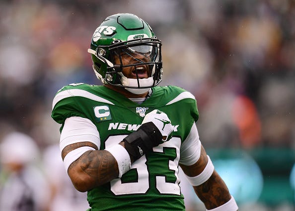 Jets S Jamal Adams bangs his chest after a big play.