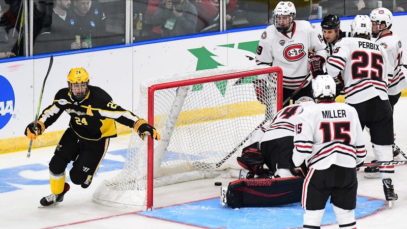 AIC forward Joel Kocur scores vs. St. Cloud State
