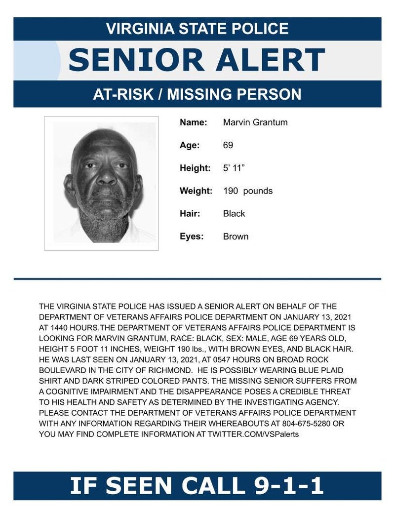 Virginia State Police have issued a Senior Alert for a man who left the McGuire V.A. Hospital early Wednesday, January 13. (Photo Credit: Virginia State Police)