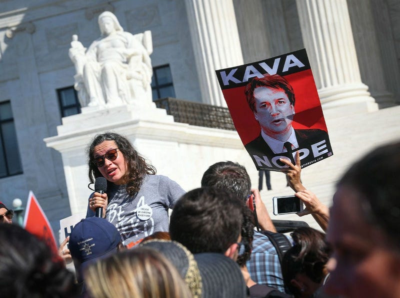 Ana Maria Archila, one of the two women who confronted Arizona Sen. Jeff Flake, speaks at the protest against Brett Kavanaugh in front of the United States Supreme Court, Thursday, Oct. 4, 2018.