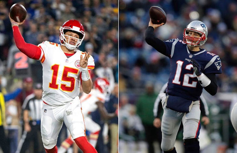 Kansas City Chiefs quarterback Patrick Mahomes; Patriots quarterback Tom Brady