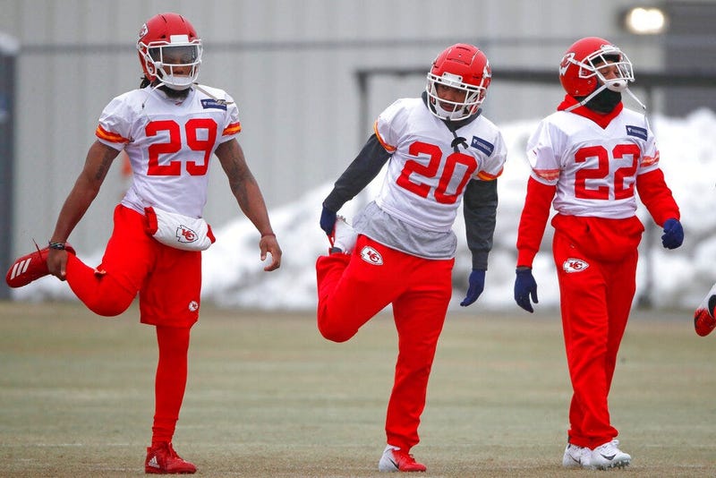 Kansas City Chiefs defensive back Eric Berry (29), cornerback Steven Nelson (20) and defensive back Orlando Scandrick (22) stretch during workouts Friday, Jan. 18, 2019, in Kansas City