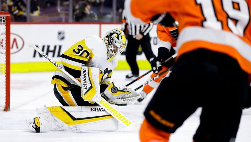 Pittsburgh Penguins' Matt Murray (30) blocks a shot during the second period of an NHL hockey game against the Philadelphia Flyers, Monday, Feb. 11, 2019, in Philadelphia
