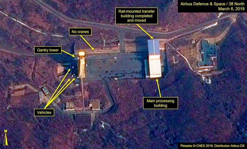 This image provided by Airbus Defence & Space and 38 North via a satellite image from CNES which was captured on March 6, 2019, shows the Sohae Satellite Launch Facility in Tongchang-ri, North Korea