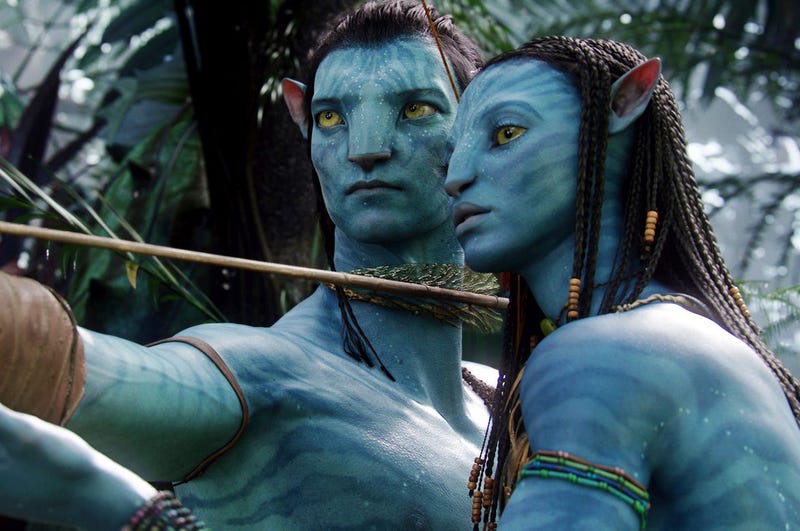This image released by 20th Century Fox shows the characters Neytiri, right, and Jake in a scene from the 2009 movie "Avatar." (AP Photo/20th Century Fox, File)