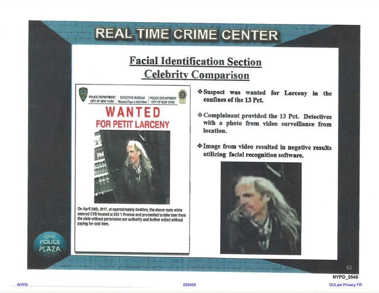 This undated image provided by Georgetown University's Center on Privacy and Technology shows presentation material with images of a wanted suspect in a New York Police Department document obtained by the university. (Georgetown University Center on Priva