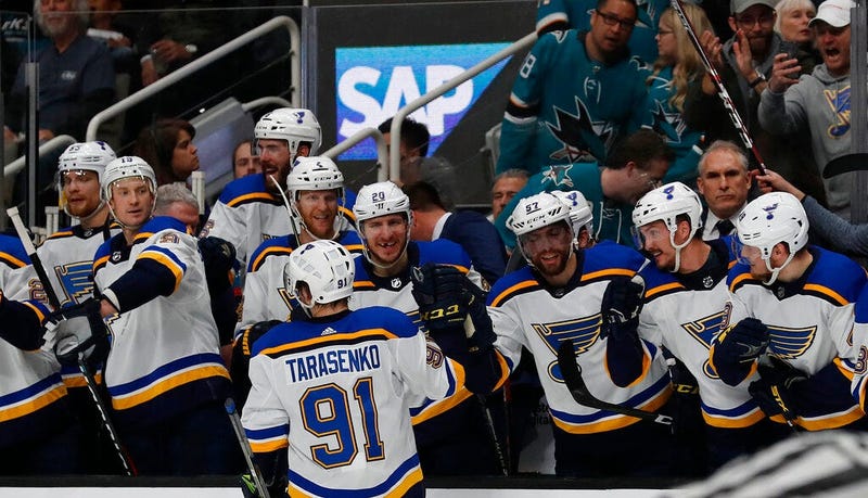 St. Louis Blues' Vladimir Tarasenko (91) celebrates a goal with the bench in the second period in Game 5 of the NHL hockey Stanley Cup Western Conference finals against the San Jose Sharks in San Jose, Calif., on Sunday, May 19, 2019.