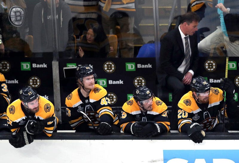 Boston Bruins players and head coach Bruce Cassidy, right rear, watch the final minutes in Game 5 of the NHL hockey Stanley Cup Final against the St. Louis Blues, Thursday, June 6, 2019, in Boston.