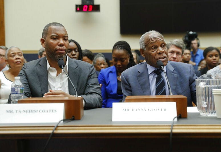 Actor Danny Glover, right, and author Ta-Nehisi Coates, left, testify about reparation for the descendants of slaves during a hearing before the House Judiciary Subcommittee on the Constitution, Civil Rights and Civil Liberties, at the Capitol in Washingt