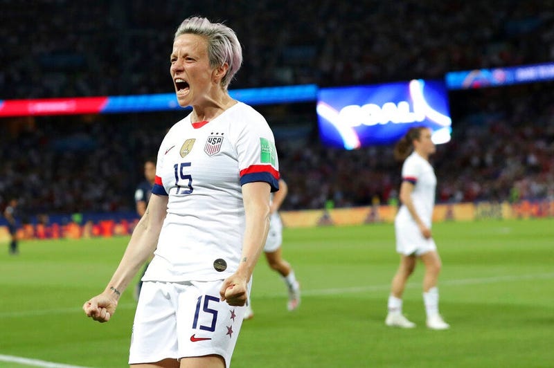 United States' Megan Rapinoe celebrates after scoring her side's second goal during the Women's World Cup quarterfinal soccer match between France and the United States at the Parc des Princes, in Paris, Friday, June 28, 2019