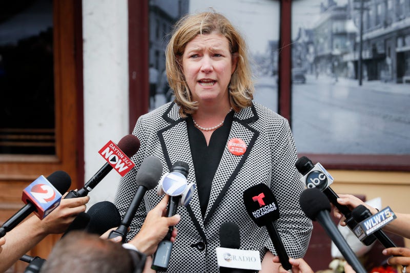 Dayton, Ohio, Mayor Nan Whaley speaks to members of the media Tuesday, Aug. 6, 2019, outside Ned Peppers bar in the Oregon District after a mass shooting that occurred early Sunday morning in Dayton.