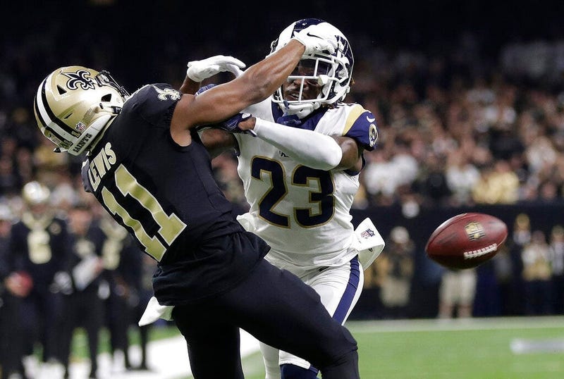 Los Angeles Rams' Nickell Robey-Coleman breaks up a pass intended for New Orleans Saints' Tommylee Lewis