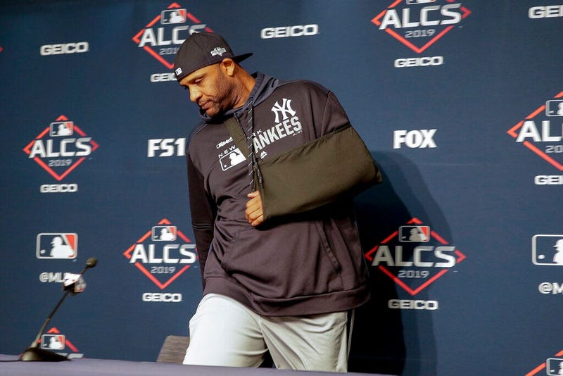 New York Yankees pitcher CC Sabathia arrives at a news conference to answer questions before Game 5 of baseball's American League Championship Series against the Houston Astros, Friday, Oct. 18, 2019, in New York.