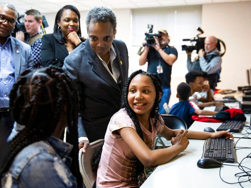 On the fifth day of the Chicago Teachers Union strike, Mayor Lori Lightfoot visits Chicago Public Schools students at a contingency site, James R. Jordan Boys & Girls Club in Chicago, Monday, Oct. 21, 2019