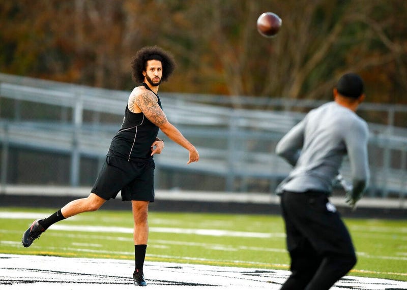 Free agent quarterback Colin Kaepernick participates in a workout for NFL football scouts and media, Saturday, Nov. 16, 2019, in Riverdale, Ga.
