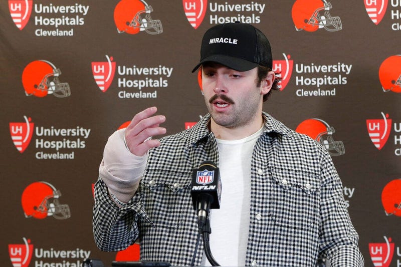 Cleveland Browns quarterback Baker Mayfield answers questions about his injured hand during a news conference after an NFL football game against the Pittsburgh Steelers, Sunday, Dec. 1, 2019, in Pittsburgh.