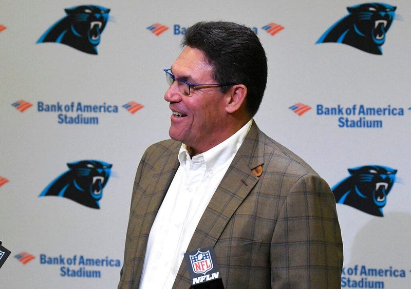 Former Carolina Panthers head coach Ron Rivera laughs at a question from the media during a press conference at Bank of America Stadium in Charlotte, NC on Wednesday, December 4, 2019. Rivera was fired as coach on Tuesday.