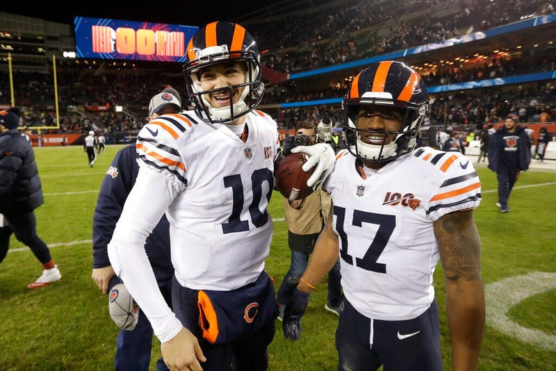 Chicago Bears quarterback Mitchell Trubisky and wide receiver Anthony Miller (17) react following an NFL football game against the Dallas Cowboys, Thursday, Dec. 5, 2019, in Chicago. Chicago won 31-24.