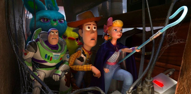 Buzz Lightyear, voiced by Tim Allen, Woody, voiced by Tom Hanks and Bo Peep, voiced by Annie Potts in a scene from "Toy Story 4."(