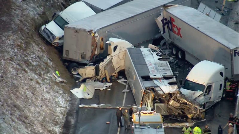 This image from video provided by KDKA TV shows the scene near Greensburg, Pa. along the Pennsylvania Turnpike where at least five people were killed and dozens were injured in a crash early Sunday, Jan. 5, 2020.