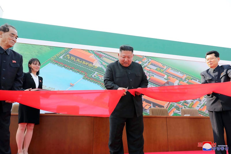 In this Friday, May 1, 2020, photo provided by the North Korean government, North Korean leader Kim Jong Un, center, cuts a tape during his visit to a fertilizer factory in South Pyongan, near Pyongyang.