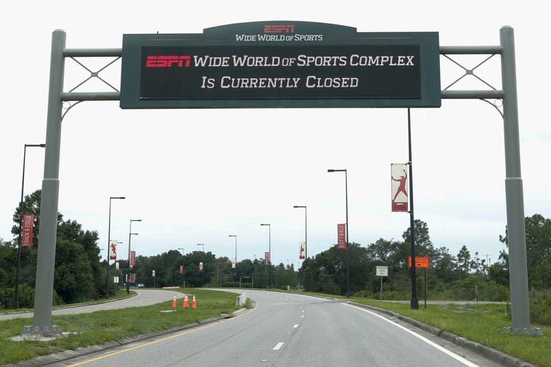 A sign at the entrance to ESPN's Wide World of Sports at Walt Disney World is seen Wednesday, June 3, 2020, in Kissimmee, Fla.