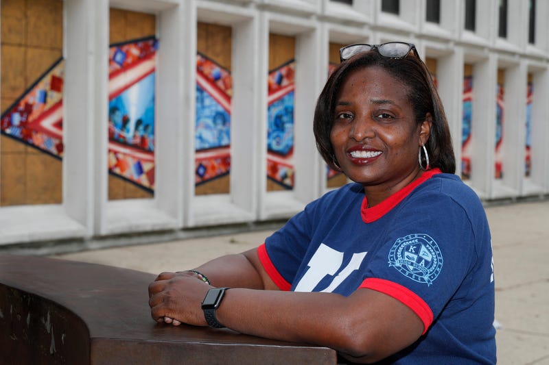 Karen Calloway, principal of Kenwood Academy in Chicago, poses Tuesday, July 28, 2020, for a portrait outside the Hyde Park neighborhood campus.