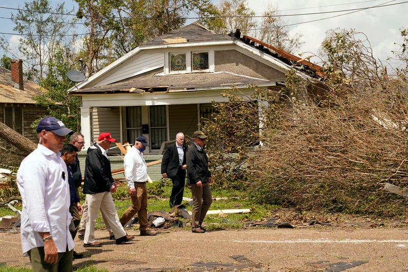 President Donald Trump tours damage from Hurricane Laura, Saturday, Aug. 29, 2020, in Lake Charles, La.