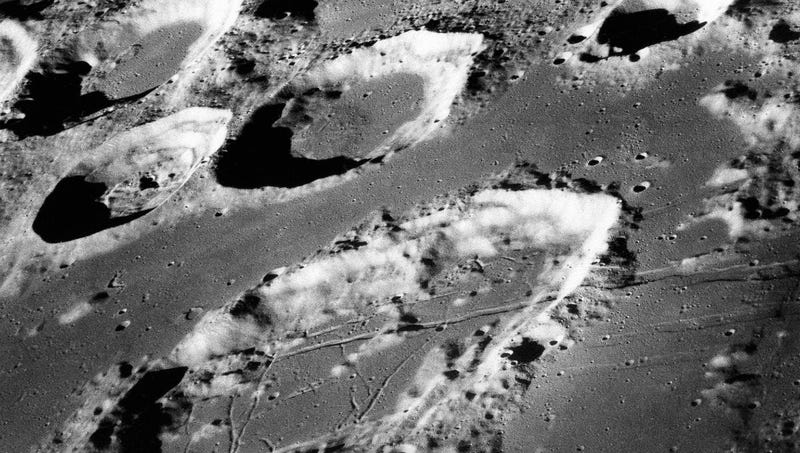 This Dec. 29, 1968 photo made available by NASA shows the large moon crater Goclenius, foreground, approximately 40 statute miles in diameter.