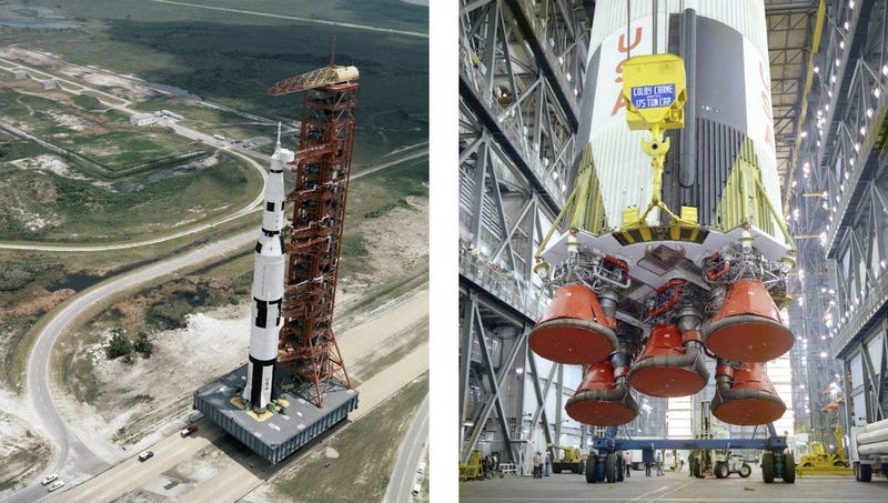 Left: The Apollo 8 crew lifts off from the Kennedy Space Center in Florida on Dec. 21, 1968. Right: a section of the Saturn V rocket is prepared for the Dec. 21, 1968, launch of the Apollo 8 mission.