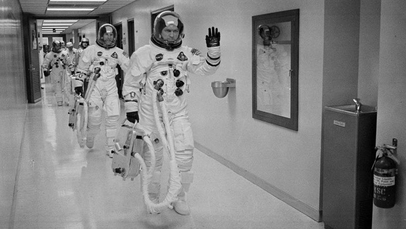 Apollo 8 Commander Col. Frank Borman leads the way as he, and fellow astronauts Command Module Pilot Capt. James A Lovell Jr., and Lunar Module Pilot Maj. William A. Anders head to the launch pad at the Kennedy Space Center in Florida.