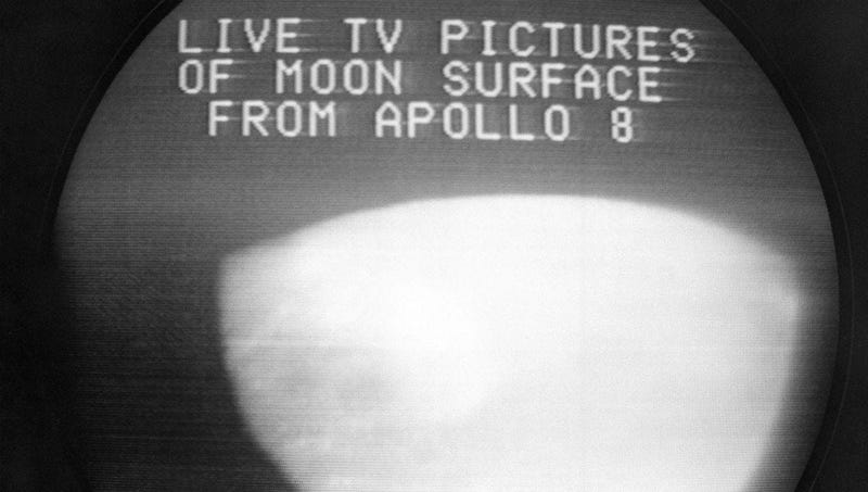 This Dec. 24, 1968, file photo shows a television screen with a view of the moon transmitted by the Apollo 8 astronauts as it orbited.